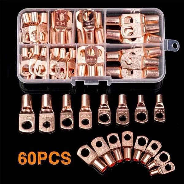 60PCS Copper Circular Splice Terminal Battery Cable Wire Naked Connector OT Open Ring Copper Lugs