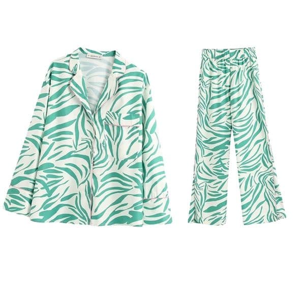 2020 NEW Summer Spring Women 2 pieces Set white green printed full Sleeve blouse long pants Suit female casual woman clothes CX200701