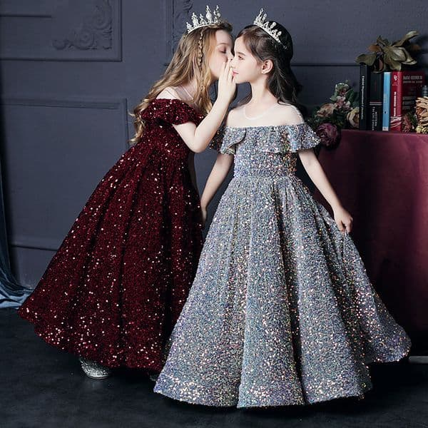 Luxury Silver Bling Sequin Girls Pageant Dresses Fluffy Off the Shoulder Ruched Flower Girl Dresses Ball Gowns sequined Party dresses for Girls