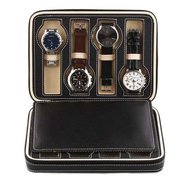 Black Faux Leather Watch Display Storage Box Watched Case 2/4/8 Grids Tray Zippered Travel Watch Collector Case 220509