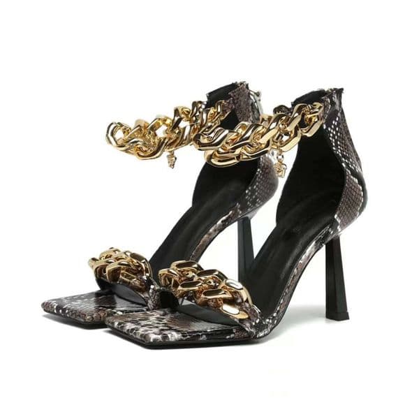 Women Designer Chain Sandals Fashion Square Head Chain Mules High Heel Sandals Genuine Leather Sandals Wedding Dress Shoes Sexy Party Shoes With Box NO391