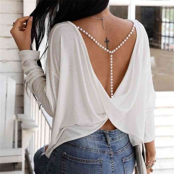 Autumn Spring Women Fashion Elegant Sexy Long Sleeve Ladies Open Back Top Solid Beaded Strap Backless Twisted Top 210322