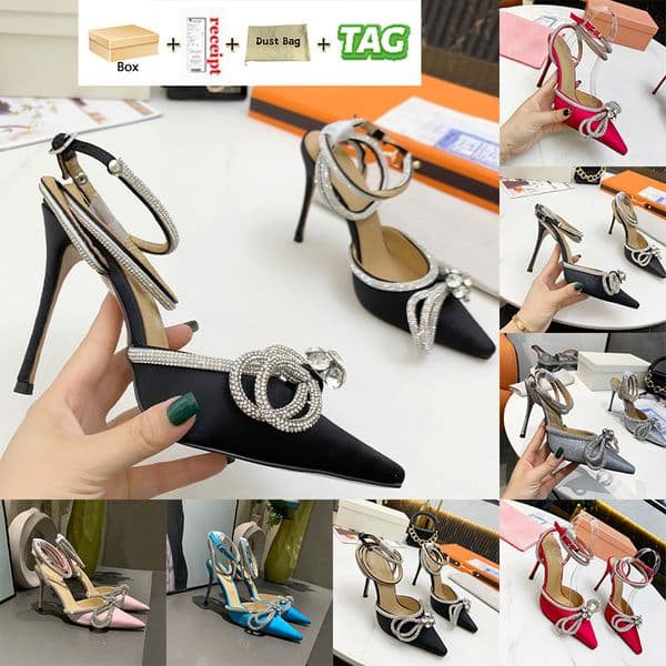 Designer luxury dress women shoes top sandal Machs 100 Silk Satin Double Bow Crystal Pumps black reflective red wedding 10cm high heels party slippers slides with box