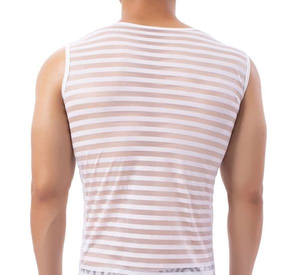 Men's Tank Tops Horizontal Strip Vest Men's Breathable Transparent Character Elastic Nylon Fashion Horizontal Strip Narrow Back Crewneck Vest