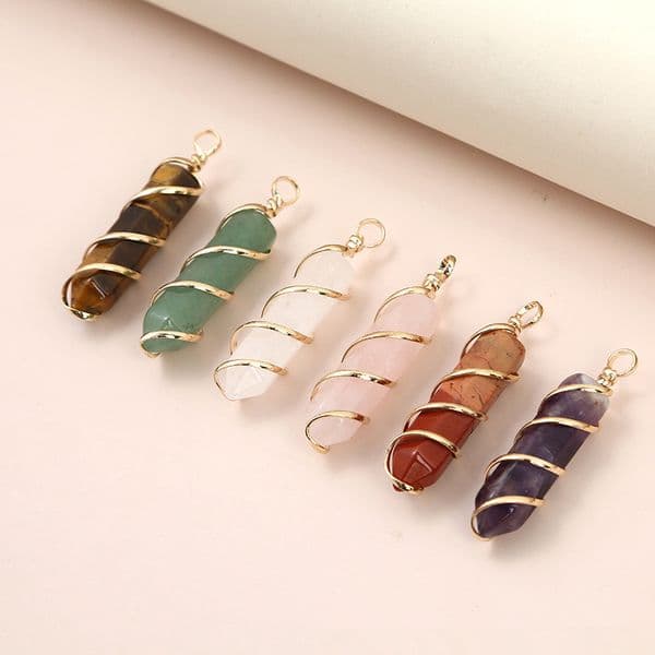 Natural Stone Wire Wrapped Hexagonal Prism Healing Chakra Crystal Charms Pendants For Diy Earrings Necklace Jewelry Making