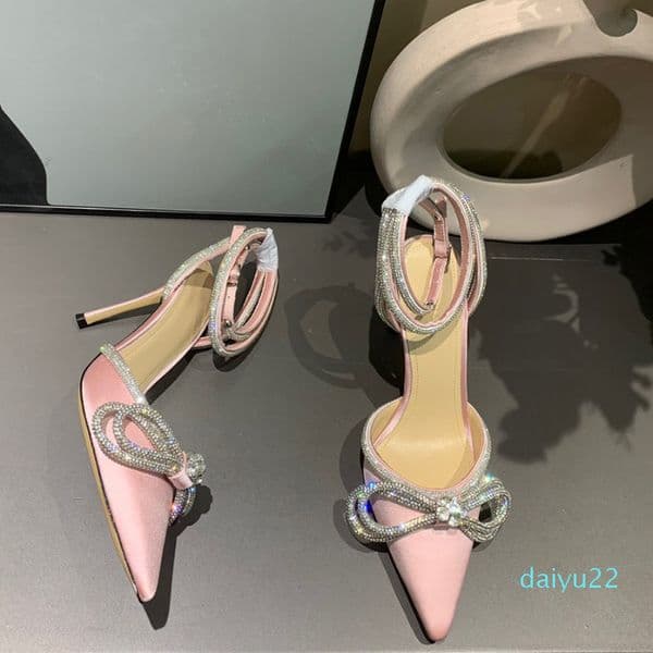 2022 new Satin Bow Pumps Crystal Embellished rhinestone Evening shoes stiletto Heels sandals women heeled Luxury Designers ankle strap Dress shoe footwear