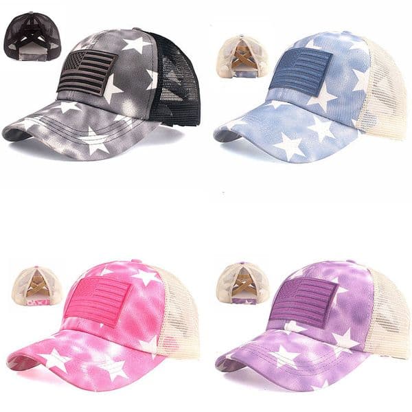 Summer Ponytail Baseball Cap Mesh Hats For Women Girl Messy Bun Casual Flag Baseball Hats Gorras