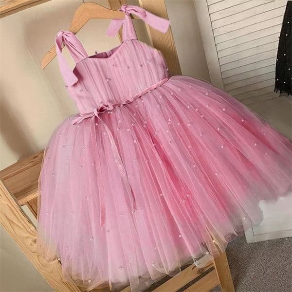 Summer Girl Tulle Dress Princess Party Tutu Fluffy Pearl Kids Wedding Evening Gown Children Clothing Baby Clothes Vestidos 220422