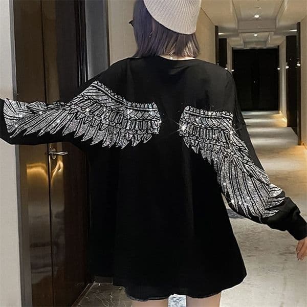 Spring and Autumn Wings Women's T-shirt Women's Long Sleeve Loose Heavy Industry Drill Top Woman Tshirts 220407