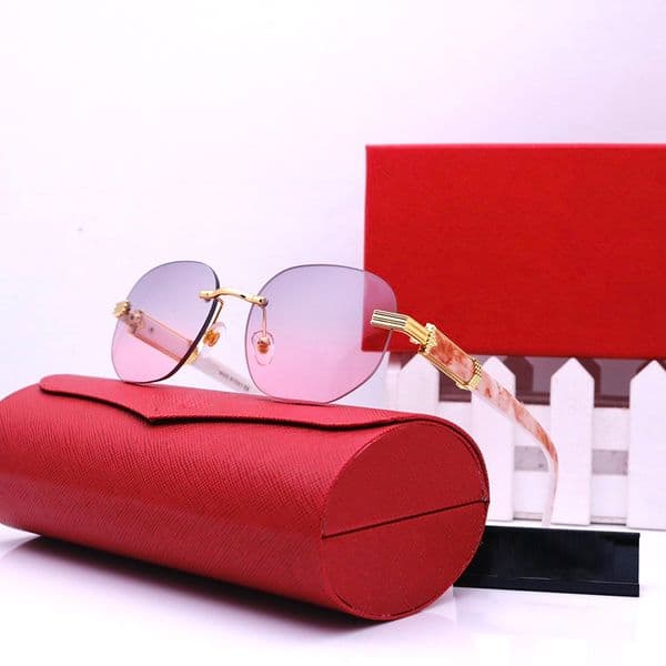 Oversized Designer Sunglasses for Women Mens Gold Frame Round Buffalo Horn Glasses Rimless Polarized UV Protection Pink Black Blue Lens Luxury Eyeglasses with Box