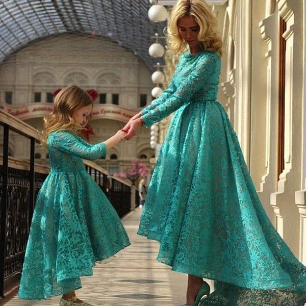 Arabic Daughter New and Mother Dark Teal Jewel Ball Gown with Long Sleeves Hi Lo Evening Flower Girls Dresses BO8941