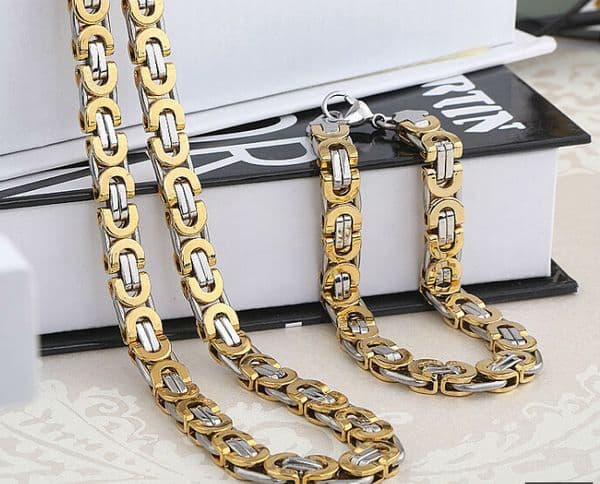 On sale Jewlery Set 8mm Gold Silver Tone Flat byzantine chain necklace & bracelet 316L Stainless Steel Bling for Women men's XMAS jewelry