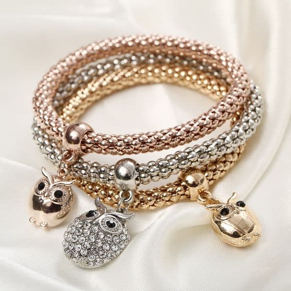 Wholesale-Fashion 3Pcs/set Crystal Bead Bracelet Women Gold Plated Crystal Owl Bangles Jewellery Elastic Charm Gifts pulseira feminina