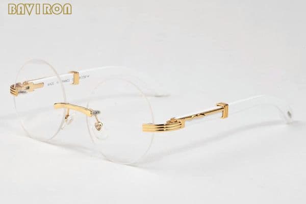 with box 2017 round sunglasses white buffalo horn glasses men women fashion rimless brown black clear lens wood sunglasses