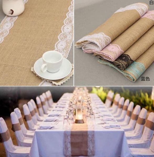 20pcs 30cm*275cm Vintage Burlap Lace Hessian Table Runner Natural Jute Country Wedding Banquet Party Home Decoration