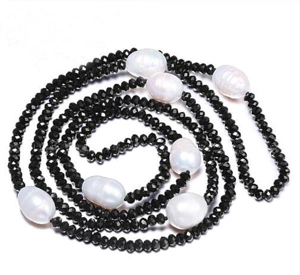 JLN Sweater Chain 11-12MM Natural Freshwater Rice Pearl & 4mm Crystal White Black Jewelry 90cm Long Pearl Necklace