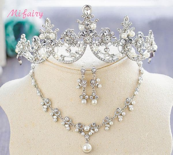 Chic 3 Pieces Stunning Bridal Tiaras Necklaces Earrings Sets Fashion Wedding Accessories H51