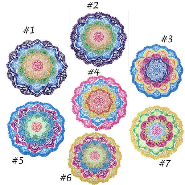Round Indian Mandala Beach Towel Colorful Yoga Mat Tassel Printed Tapestry Hippy Boho Tablecloth Bohemian Serviette Covers Beach Shawl Wrap