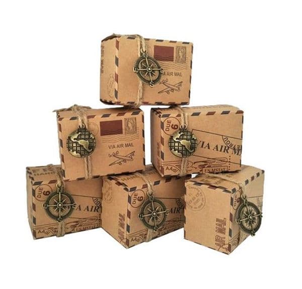 Vintage kraft paper favor box with compass globe pendants Airplane Air Mail Parcel candy gift box birthday party wedding Christmas decor