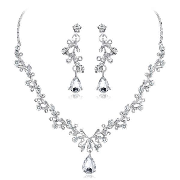 Vintage Teardrop Cubic Zirconia Silver Necklace Drop Dangle Earrings Sets Gold Plated Women Girl's Engagement Gift Jewelry