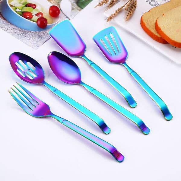 Rainbow Kitchenware Gadget Stainless Steel Cookware set Public Buffet Spoon Restaurant Serving Spoons Fork Turner Colander