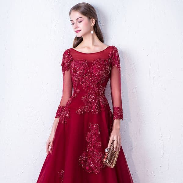 Gorgeous Evening Dresses Dark Red Three Quarter Sleeves Zipper Back Sweep Train Pleats Tulle Floral Applique with Beads Evening Dress