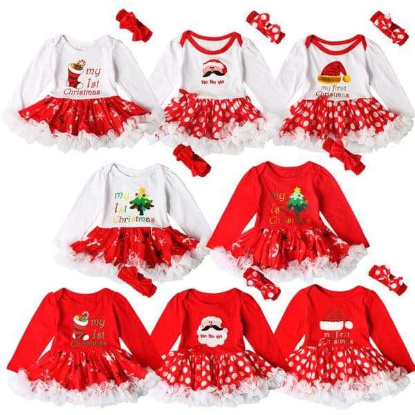 Baby girls Christmas printing Red dress 2ps sets crocheted bow headband+Xmas pattern romper Infants first christmas gifts cute outfits A08