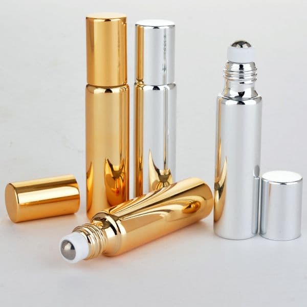 wholesale 10ml shiny UV coating glass roll on perfume bottle, gold silver black essential oil vial With Stainless Steel Roller ball