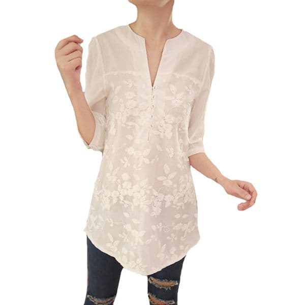 Spring Autumn Women Tops Floral Half Sleeve Casual Blouse Female V-Neck Work Wear Solid Color White Tops Office Shirts For Women