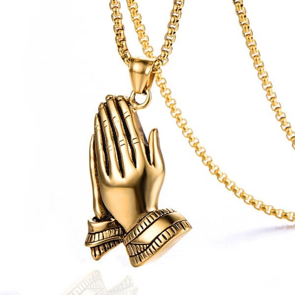 Mens Retro Praying Hands Pendant Necklace 316L Stainless Steel 18k Gold Plated No Fade Religious Jewelry with Chain