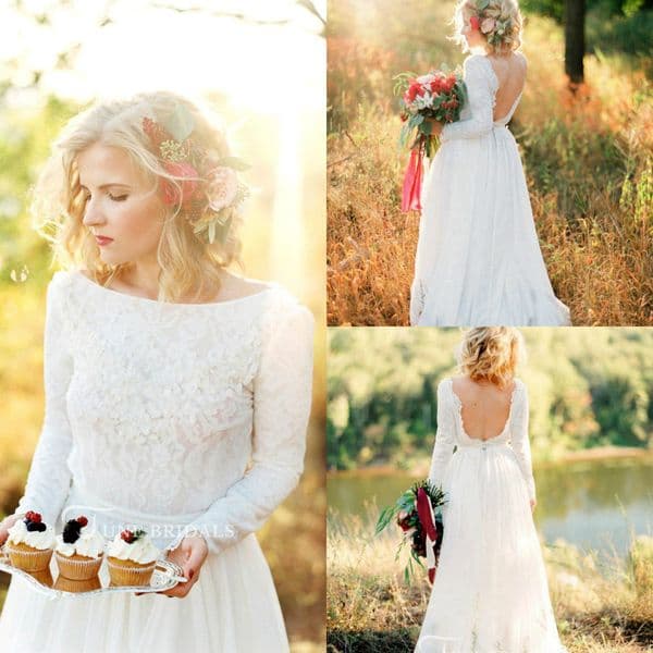 Romantic Chiffon Dresses A-e Lace Bodice Appliques Sweep Train Long Sleeve Boho Wedding Dress Sexy Backless Bridal Gowns