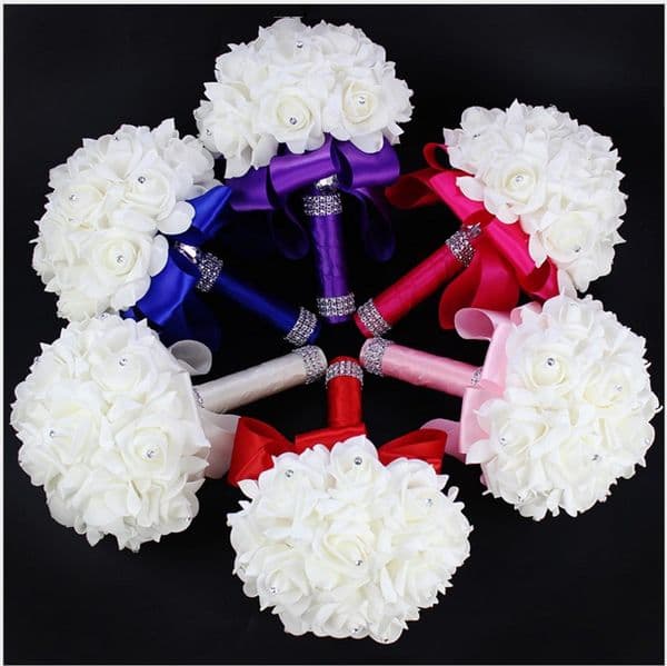 Elegant Rose Artificial Bridal Flowers Bride Bouquet Wedding Bouquet Crystal Royal Blue Silk Ribbon New Buque De Noiva 6 Colors