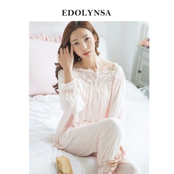 Lace Pajama Sets 2018 Long Sleeve Sleepwear Sexy Women Comfortable Home Wear Vintage Indoor Clothing Pyjamas For Women #H324 Y18101601
