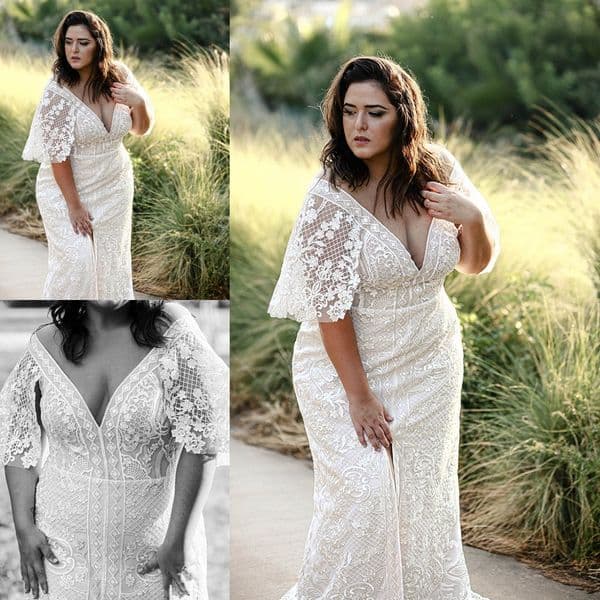 Mermaid Gowns Lace Tulle Applique Jewel Neck Short Sleeve Plus Size Wedding Dresses Sweep Train Zipper Front Split Bridal Gown