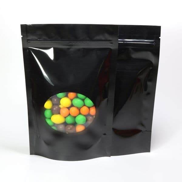 wholesale Various Sizes 100pc Glossy Black Aluminum Foil Mylar Package Oval Window, Stand Up Zip Lock Food Storage Bags