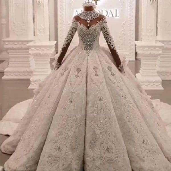 2024 Dubai Luxury Crystal Beaded Applique Lace Ball Gown Wedding Dress High Neck Sheer Long Sleeve Hollow Back vestido de noiva bride dress bridal gowns