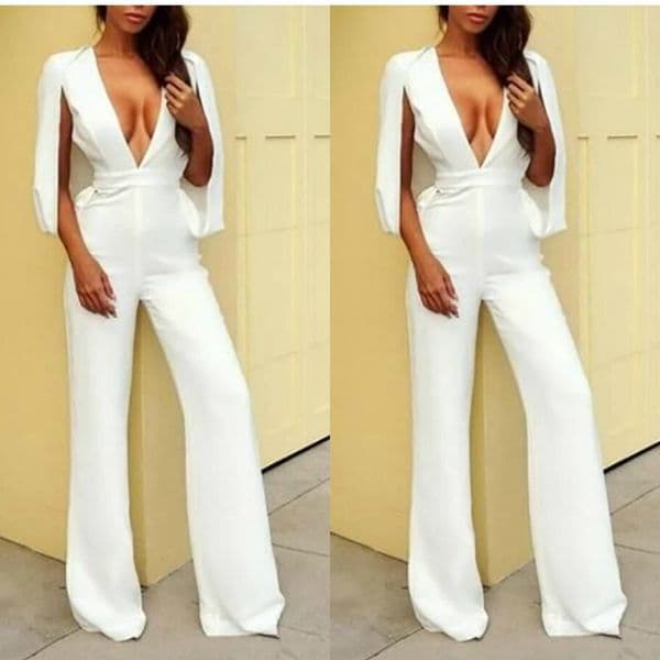 White Jumpsuits Evening With Wrap Deep V Neck Sexy Women Formal Dresses Floor Length Prom Party Gowns Custom Made