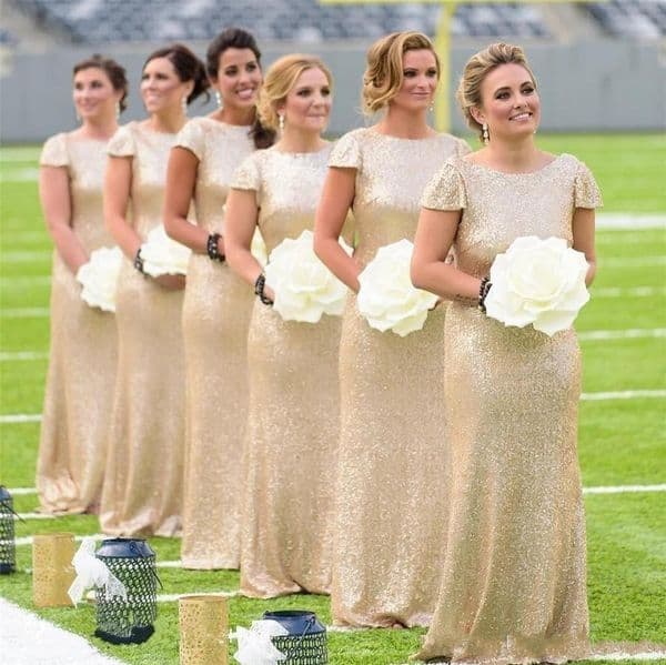 Cheap Bling Sequined Mermaid Bridesmaid Dresses Crew Neck Short Sleeves Backless Floor Length Arabic Maid Of Honor Wedding Guest Gowns
