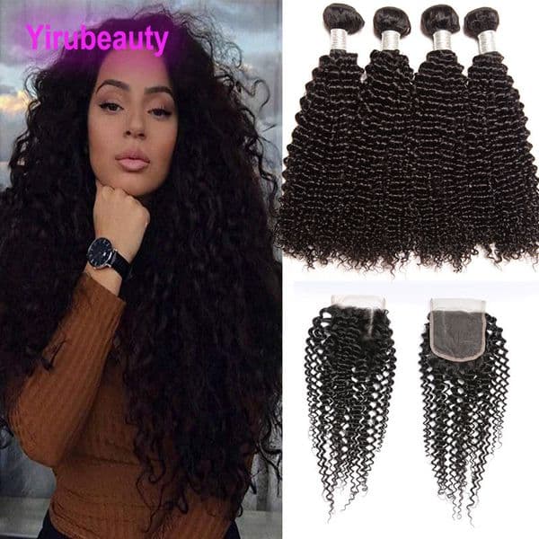 Malaysian Human Hair Extensions With Lace Closure 4X4 Natural Color Kinky Curly Yiruhair 10-28inch 4 Bundles Lace Closures