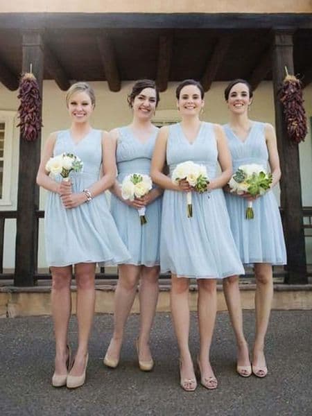 plus size Ice Blue bridesmaid dresses Sexy V Neck Knee Length Chiffon Short Wedding guest prom dresses cheap junior maid of honor dress