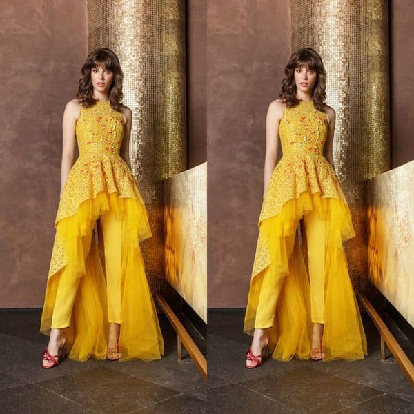 Chic 2020 Yellow Jumpsuits Prom Dresses High Low Jewel Neck Dubai Arabic Celebrity Evening Gowns Lace Pantsuits Formal Pageant Dress