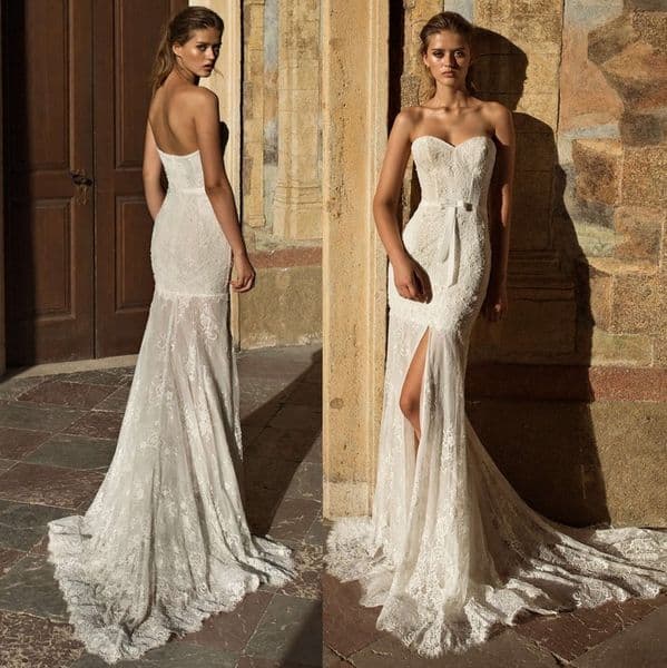 Beaded Mermaid Charming Lace Wedding Dresses Strapless Neck Front Split Bridal Gowns Sweep Train Trumpet Plus Size Robe De Marie