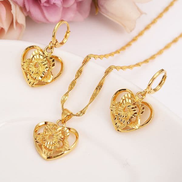 18 k Fine Solid Gold GF Outline border heart flower Europe women Jewelry Sets bridals Wedding jewelry Gift Dubai pendnat earring