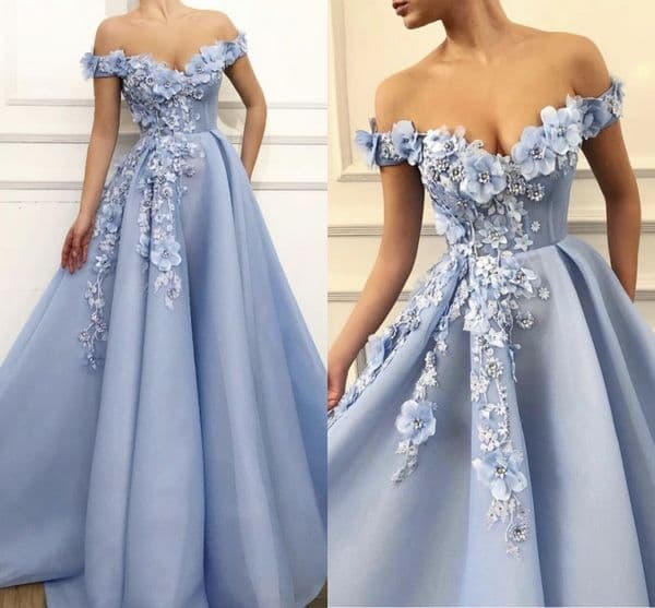 Charming Blue Evening Dresses 2020 A-Line Off The Shoulder Flowers Appliques Dubai Saudi Arabic Long Evening Gown Prom Dress