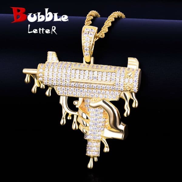 Hand Holding Dripping Gun Shape Pendant Necklace Gold Color Iced Out Cubic Zirconia Men's Hip Hop Rock Jewelry 5x5.7cm J190711