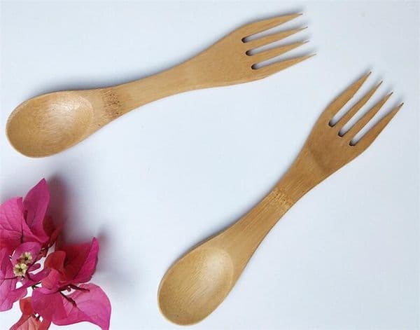 Bamboo Cutlery 2 In 1 Tableware Portable Flatware Student Picnic Travel Dinnerware Ice Cream Spoon Salad Fork For Kids B2
