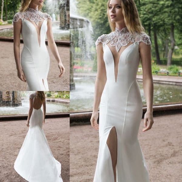 lian rokman mermaid satin wedding dresses front split lace appliqued vestidos high neck beach wedding dress bridal gowns robe de marie
