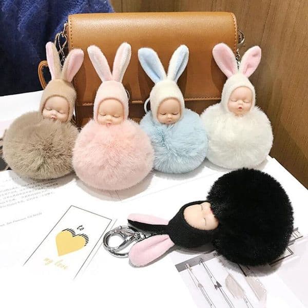30pcs /Lot Plush Dolls Keychains Lovely Rabbit Ear Sleeping Baby Key Ring Creative Gift Fashion Jewelry For Girls Bag Decoration