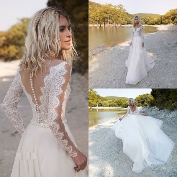 bohemian beach dresses v neck long sleeve lace appliques pearls bridal gowns a e boho wedding dress robe de mariee