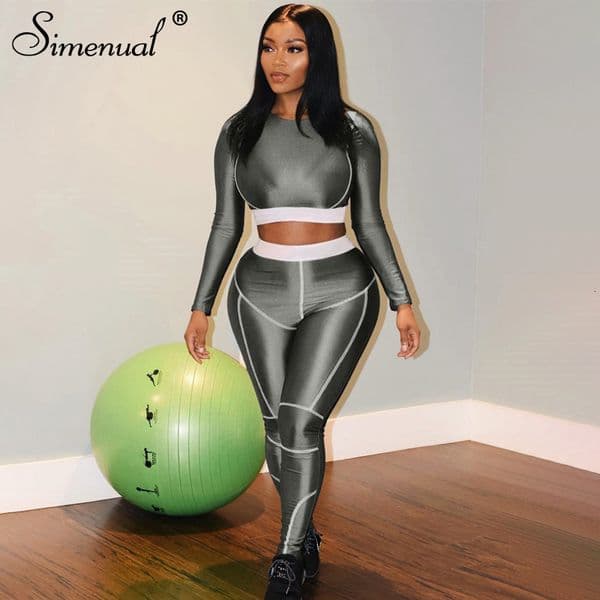 Simenual Fitness Sporty Active Wear Tracksuits Women Casual Fashion Workout 2 Piece Sets Skinny Long Sleeve Top And Leggings Set V191021